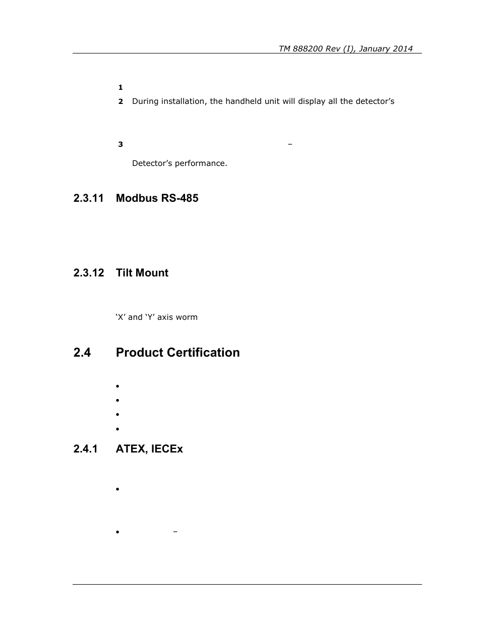 11 modbus rs-485, 12 tilt mount, 4 product certification | 1 atex, iecex, Modbus rs-485, Tilt mount, Product certification, Atex, iecex | Spectrex Quasar 900 Open-Path Gas Detection System User Manual | Page 19 / 72