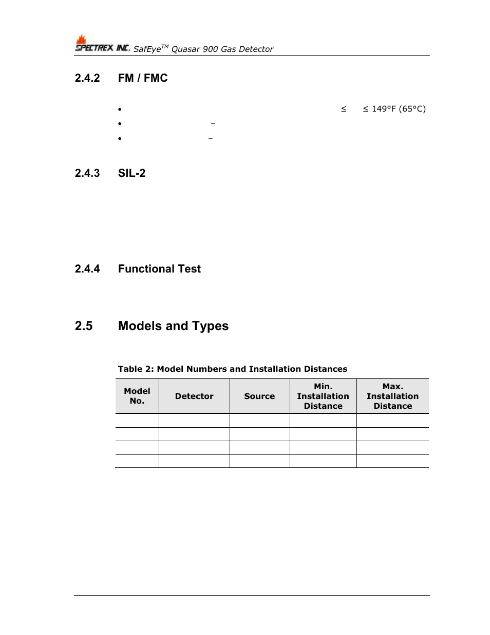 2 fm / fmc, 3 sil-2, 4 functional test | 5 models and types, Fm / fmc, Sil-2, Functional test, Models and types, Table 2: model numbers and installation distances | Spectrex Quasar 900 Open-Path Gas Detection System User Manual | Page 20 / 72