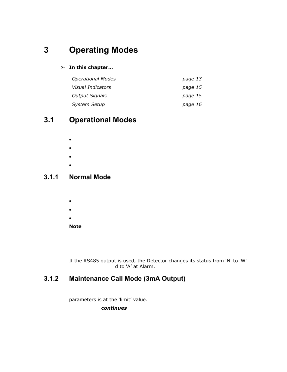 3 operating modes, 1 operational modes, 1 normal mode | 2 maintenance call mode (3ma output), Operating modes, Operational modes, Normal mode, Maintenance call mode (3ma output), 3operating modes | Spectrex Quasar 900 Open-Path Gas Detection System User Manual | Page 25 / 72