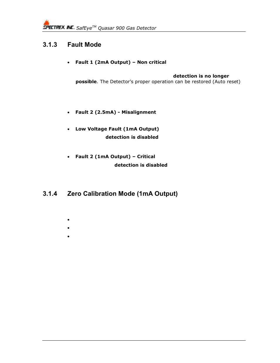 3 fault mode, 4 zero calibration mode (1ma output), Fault mode | Zero calibration mode (1ma output) | Spectrex Quasar 900 Open-Path Gas Detection System User Manual | Page 26 / 72