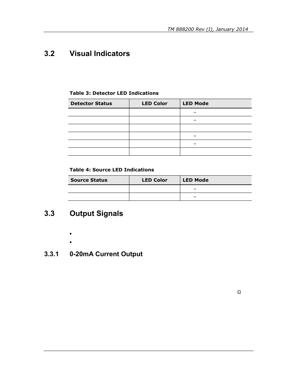 2 visual indicators, 3 output signals, 1 0-20ma current output | Visual indicators, Output signals, 20ma current output, Table 3: detector led indications, Table 4: source led indications | Spectrex Quasar 900 Open-Path Gas Detection System User Manual | Page 27 / 72