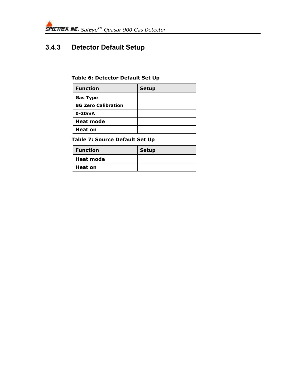 3 detector default setup, Detector default setup, Table 6: detector default set up | Table 7: source default set up | Spectrex Quasar 900 Open-Path Gas Detection System User Manual | Page 30 / 72