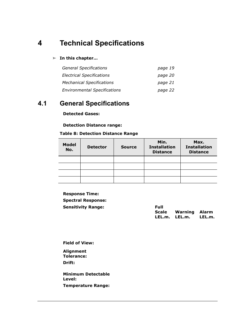 4 technical specifications, 1 general specifications, Technical specifications | General specifications, Table 8: detection distance range, 4technical specifications | Spectrex Quasar 900 Open-Path Gas Detection System User Manual | Page 31 / 72