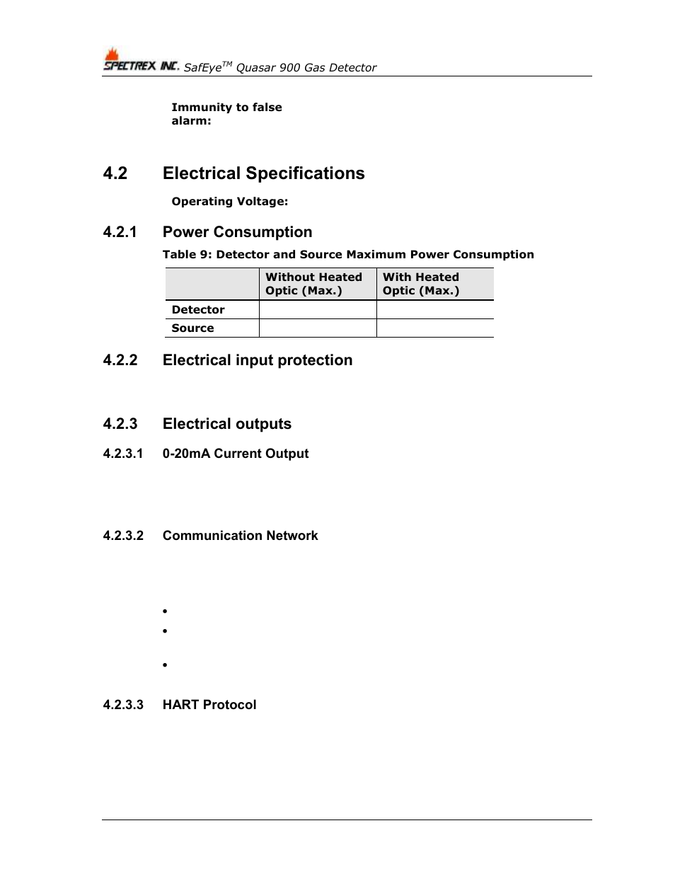 2 electrical specifications, 1 power consumption, 2 electrical input protection | 3 electrical outputs, 1 0-20ma current output, 2 communication network, 3 hart protocol, Electrical specifications, Power consumption, Electrical input protection | Spectrex Quasar 900 Open-Path Gas Detection System User Manual | Page 32 / 72