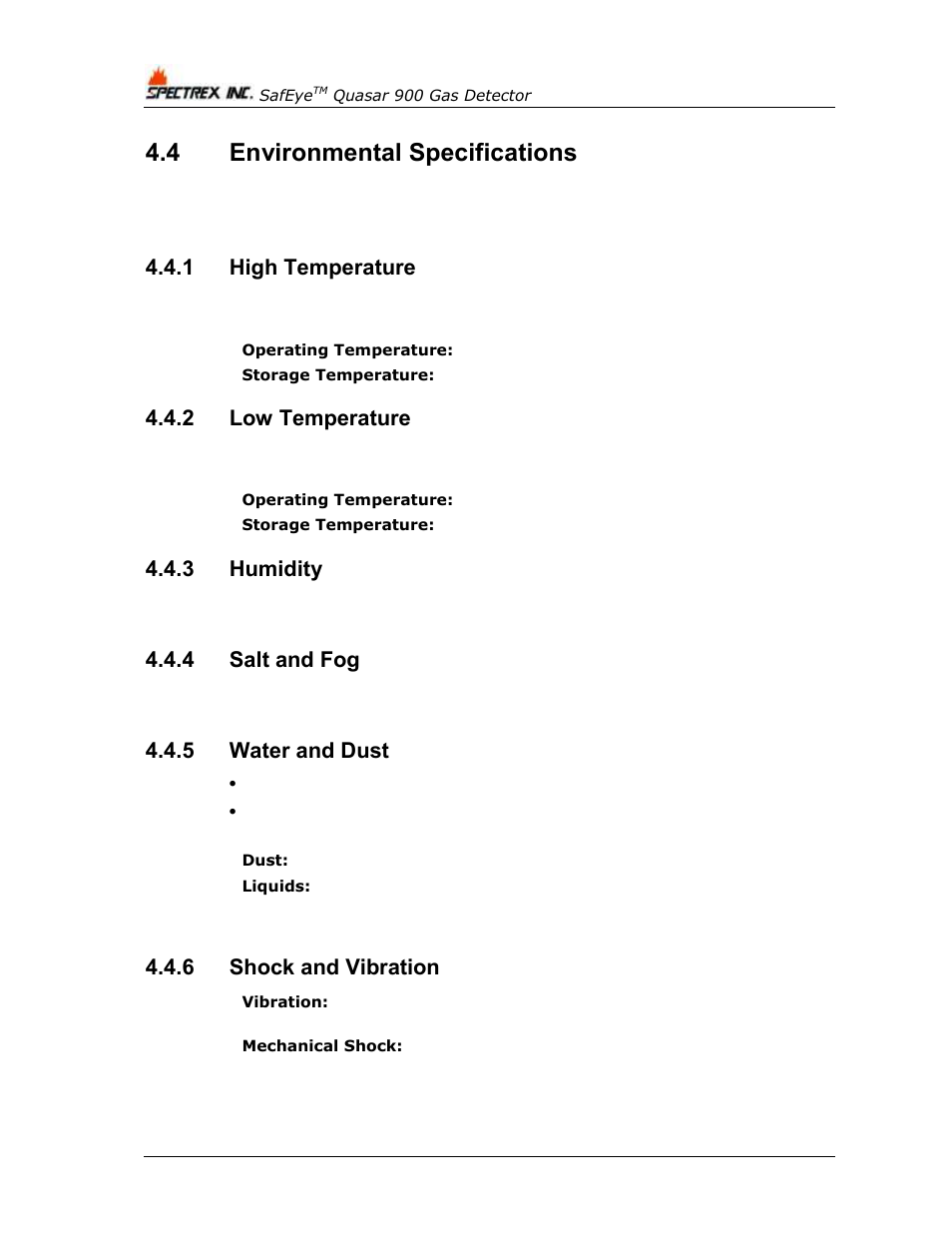 4 environmental specifications, 1 high temperature, 2 low temperature | 3 humidity, 4 salt and fog, 5 water and dust, 6 shock and vibration, Environmental specifications, High temperature, Low temperature | Spectrex Quasar 900 Open-Path Gas Detection System User Manual | Page 34 / 72