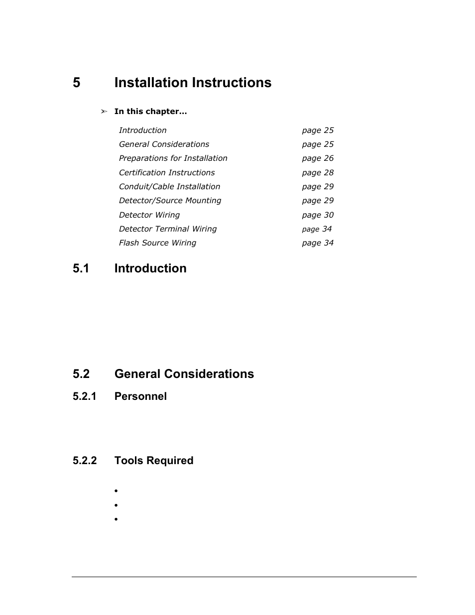 5 installation instructions, 1 introduction, 2 general considerations | 1 personnel, 2 tools required, Installation instructions, Introduction, General considerations, Personnel, Tools required | Spectrex Quasar 900 Open-Path Gas Detection System User Manual | Page 37 / 72