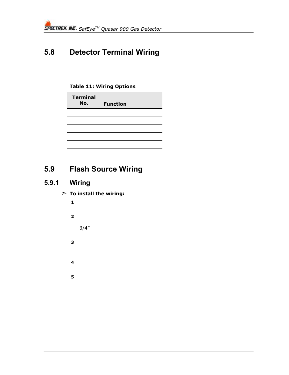 8 detector terminal wiring, 9 flash source wiring, 1 wiring | Detector terminal wiring, Flash source wiring, Wiring, Table 11: wiring options | Spectrex Quasar 900 Open-Path Gas Detection System User Manual | Page 46 / 72