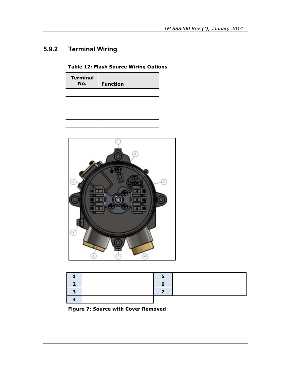 2 terminal wiring, Terminal wiring, Figure 7: source with cover removed | Table 12: flash source wiring options, M 4, figure 7), M 2, figure 7), Figure 7) | Spectrex Quasar 900 Open-Path Gas Detection System User Manual | Page 47 / 72