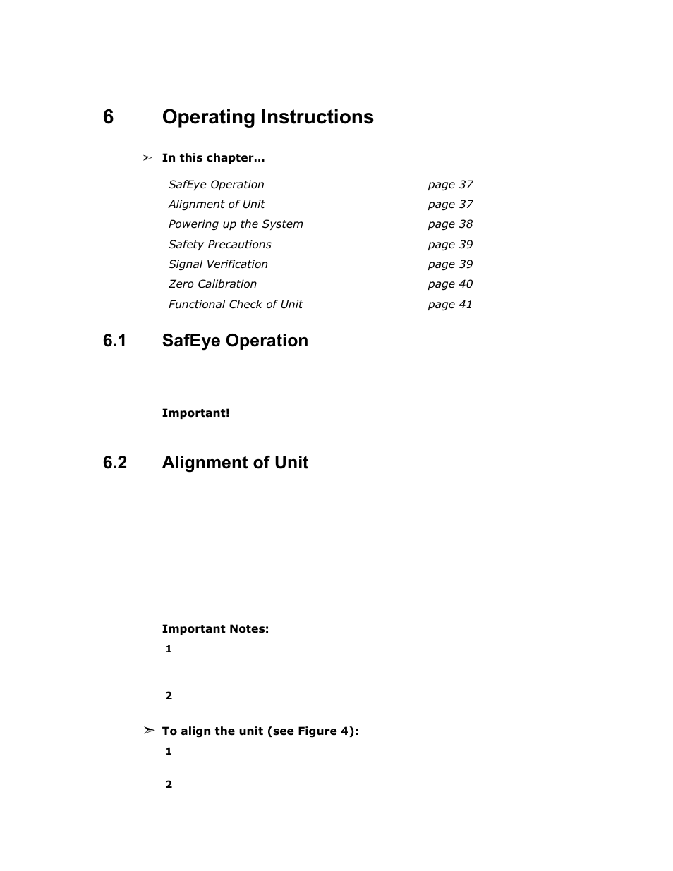 6 operating instructions, 1 safeye operation, 2 alignment of unit | Operating instructions, Safeye operation, Alignment of unit, 6operating instructions | Spectrex Quasar 900 Open-Path Gas Detection System User Manual | Page 49 / 72