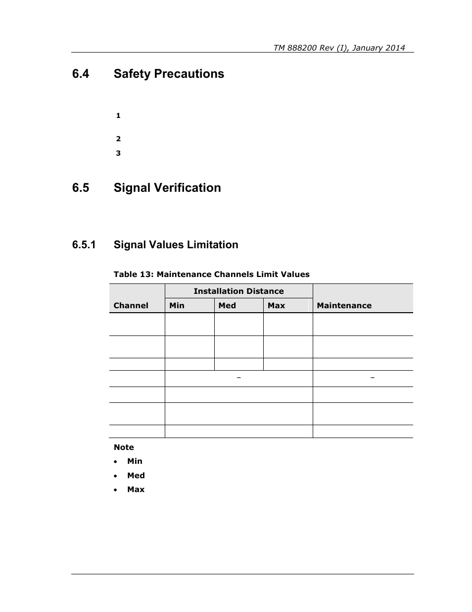 4 safety precautions, 5 signal verification, 1 signal values limitation | Safety precautions, Signal verification, Signal values limitation, Table 13: maintenance channels limit values | Spectrex Quasar 900 Open-Path Gas Detection System User Manual | Page 51 / 72