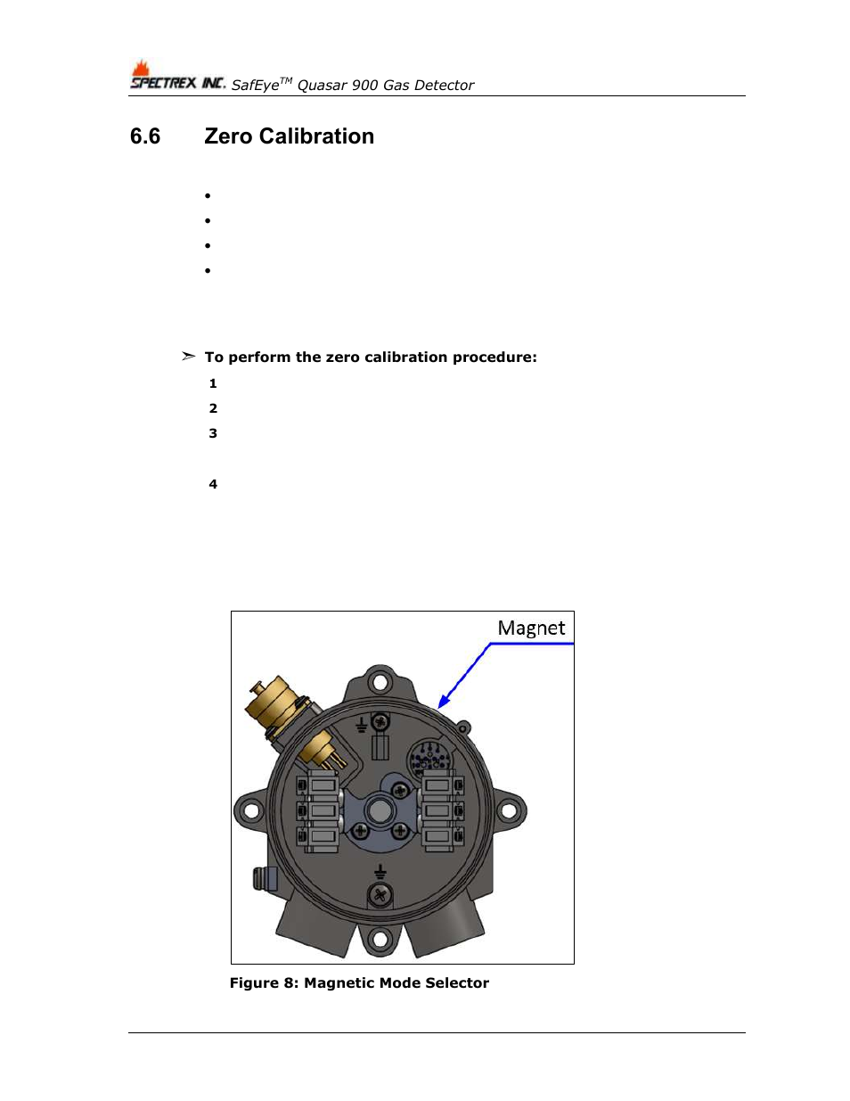 6 zero calibration, Zero calibration, Figure 8: magnetic mode selector | Spectrex Quasar 900 Open-Path Gas Detection System User Manual | Page 52 / 72