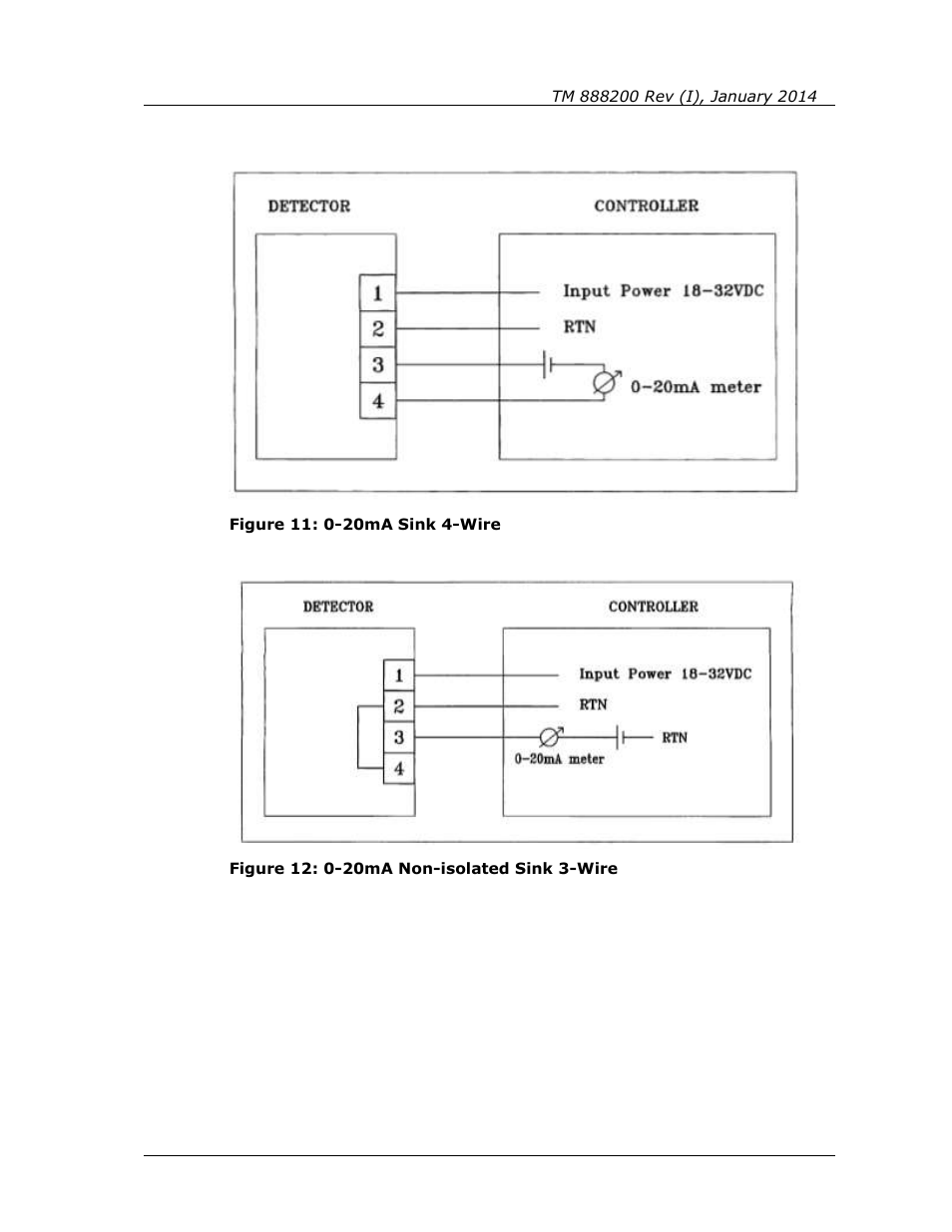 Figure 11: 0-20ma sink 4-wire, Figure 12: 0-20ma non-isolated sink 3-wire, Figure 11 | Spectrex Quasar 900 Open-Path Gas Detection System User Manual | Page 63 / 72