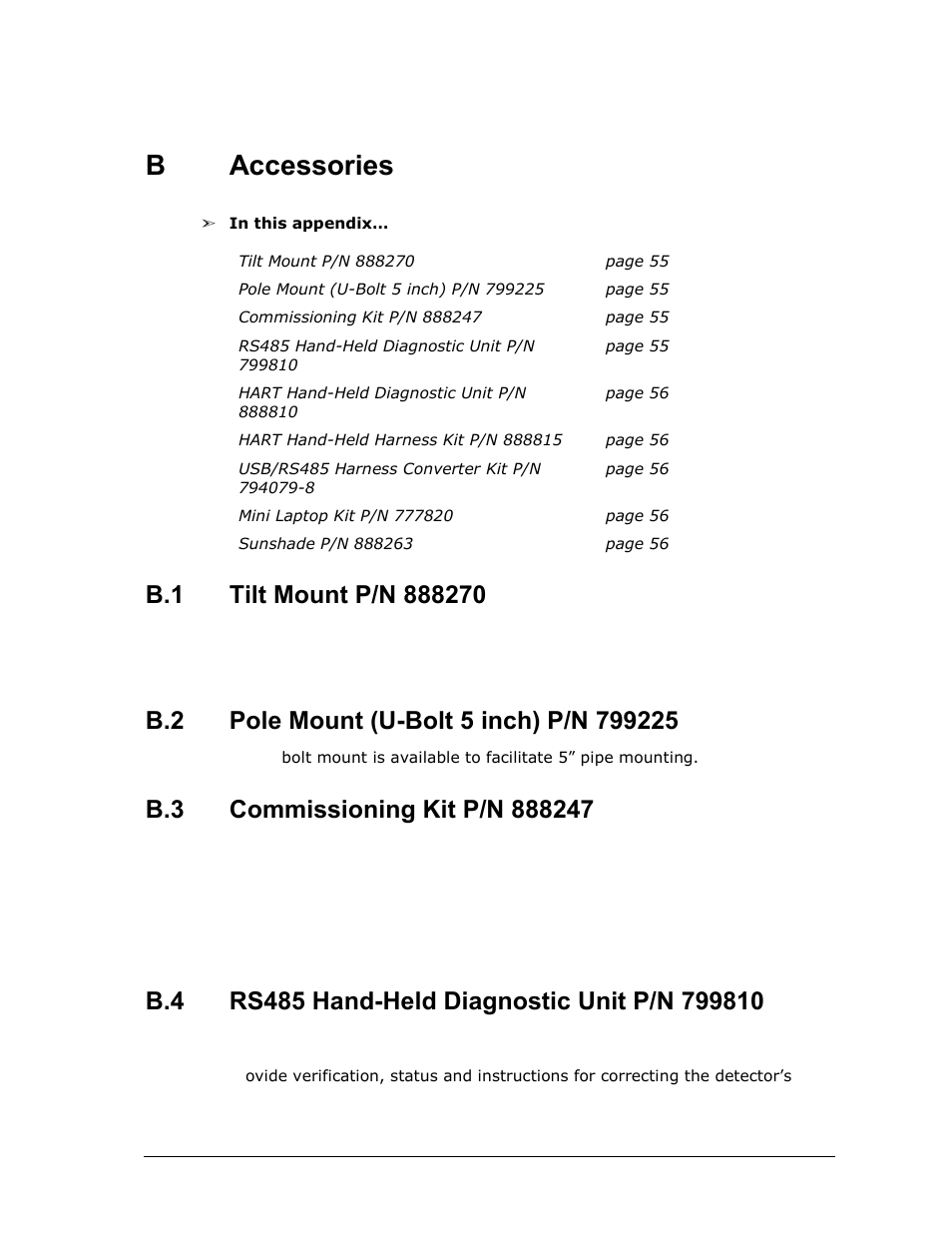 B accessories, Accessories, Tilt mount p/n 888270 | Pole mount (u-bolt 5 inch) p/n 799225, Commissioning kit p/n 888247, Rs485 hand-held diagnostic unit p/n 799810, Baccessories | Spectrex Quasar 900 Open-Path Gas Detection System User Manual | Page 67 / 72