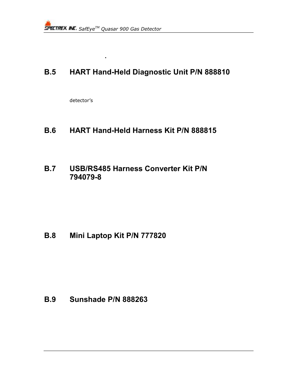 Hart hand-held diagnostic unit p/n 888810, Hart hand-held harness kit p/n 888815, Usb/rs485 harness converter kit p/n 794079-8 | Mini laptop kit p/n 777820, Sunshade p/n 888263 | Spectrex Quasar 900 Open-Path Gas Detection System User Manual | Page 68 / 72