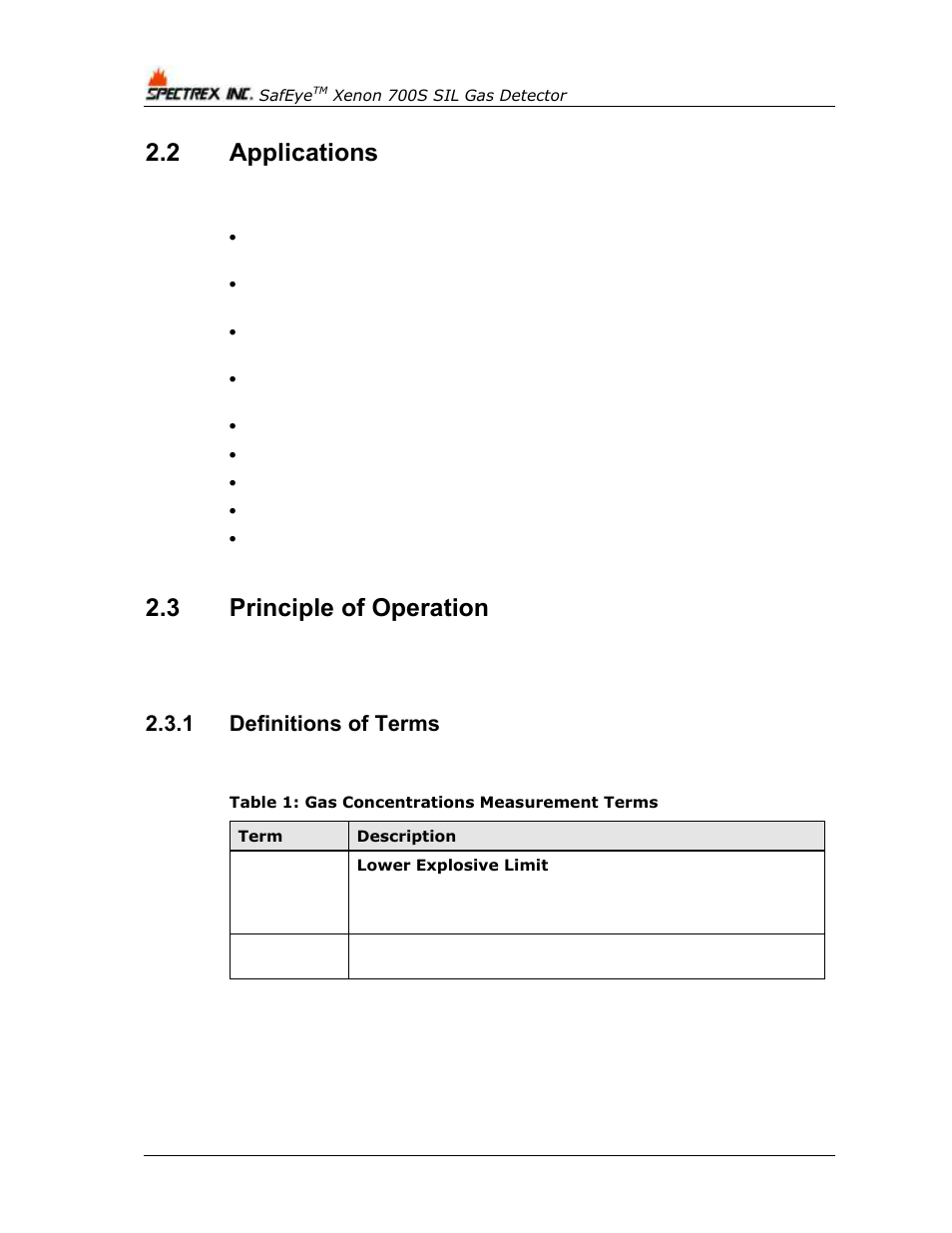 2 applications, 3 principle of operation, 1 definitions of terms | Applications, Principle of operation, Definitions of terms, Table 1: gas concentrations measurement terms | Spectrex Xenon 700 SIL Open-Path Gas Detection System User Manual | Page 16 / 76