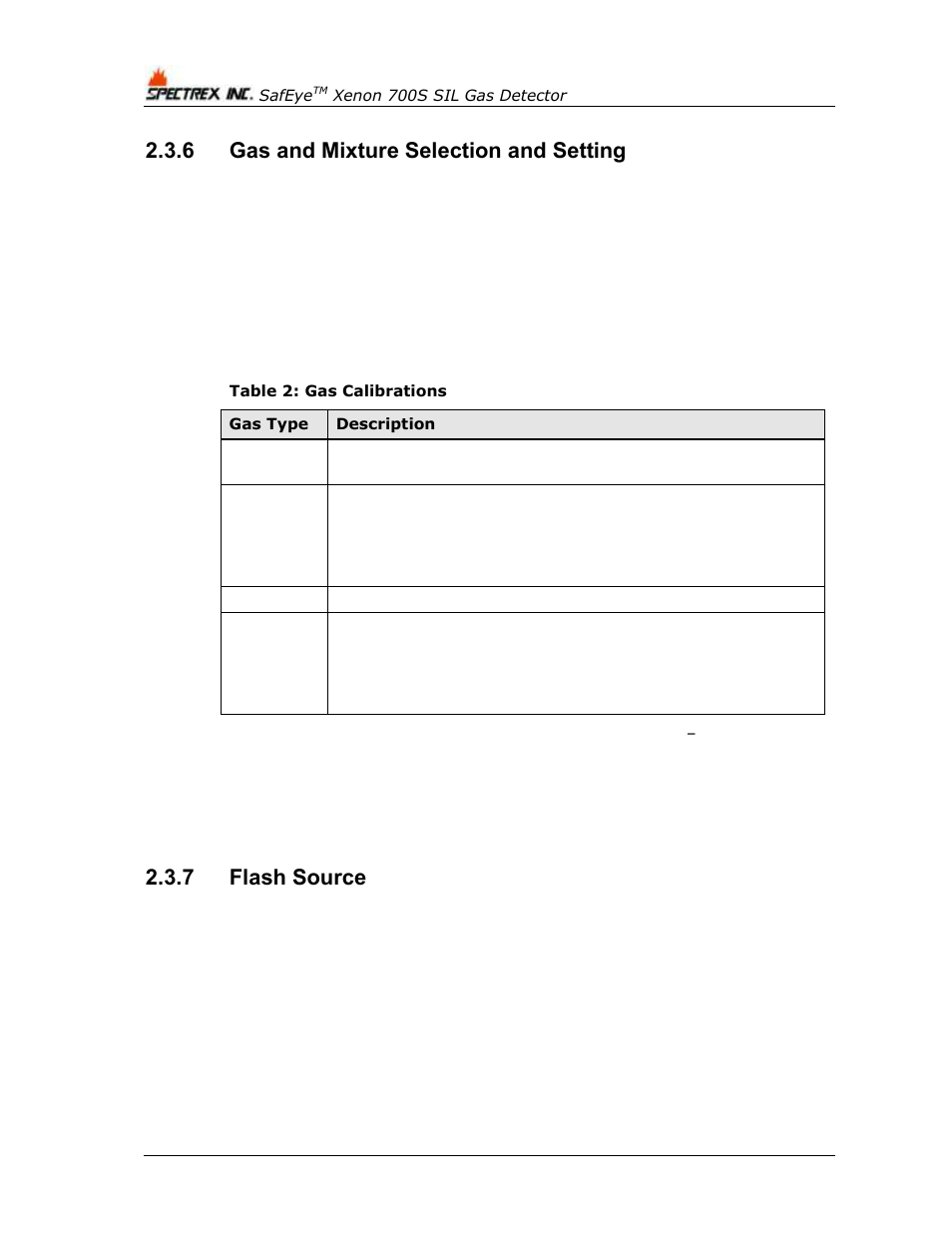 6 gas and mixture selection and setting, 7 flash source, Gas and mixture selection and setting | Flash source, Table 2: gas calibrations | Spectrex Xenon 700 SIL Open-Path Gas Detection System User Manual | Page 18 / 76