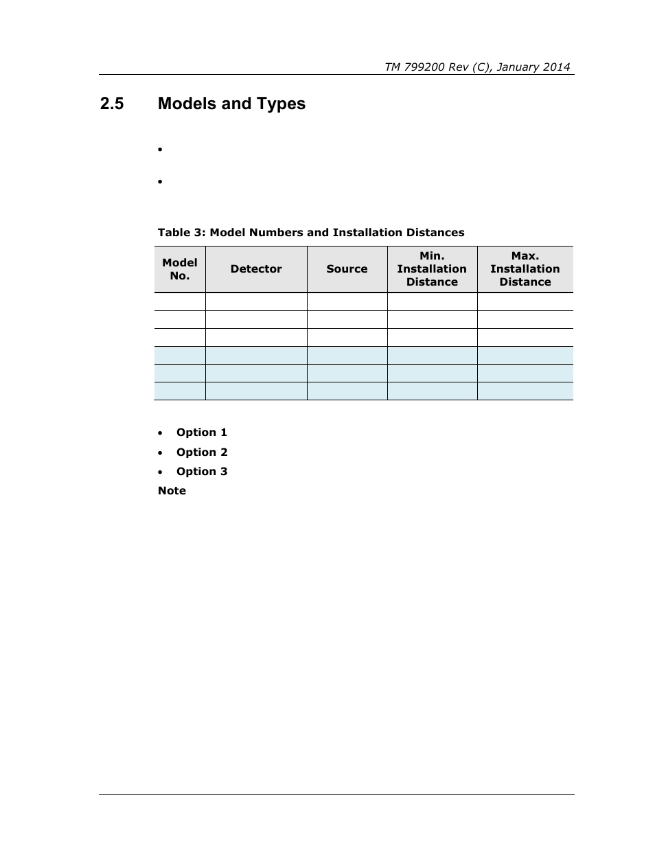 5 models and types, Models and types, Table 3: model numbers and installation distances | Spectrex Xenon 700 SIL Open-Path Gas Detection System User Manual | Page 21 / 76