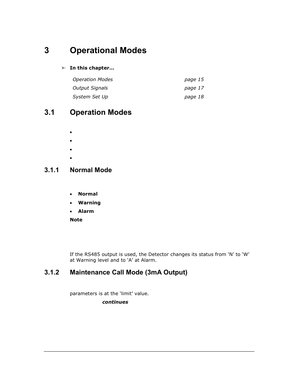 3 operational modes, 1 operation modes, 1 normal mode | 2 maintenance call mode (3ma output), Operational modes, Operation modes, Normal mode, Maintenance call mode (3ma output), 3operational modes | Spectrex Xenon 700 SIL Open-Path Gas Detection System User Manual | Page 27 / 76