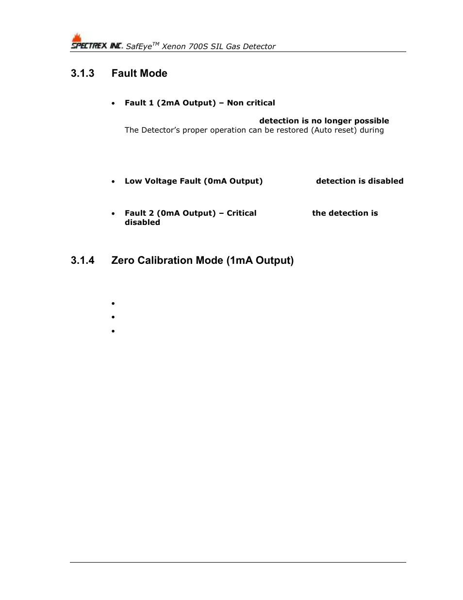 3 fault mode, 4 zero calibration mode (1ma output), Fault mode | Zero calibration mode (1ma output) | Spectrex Xenon 700 SIL Open-Path Gas Detection System User Manual | Page 28 / 76