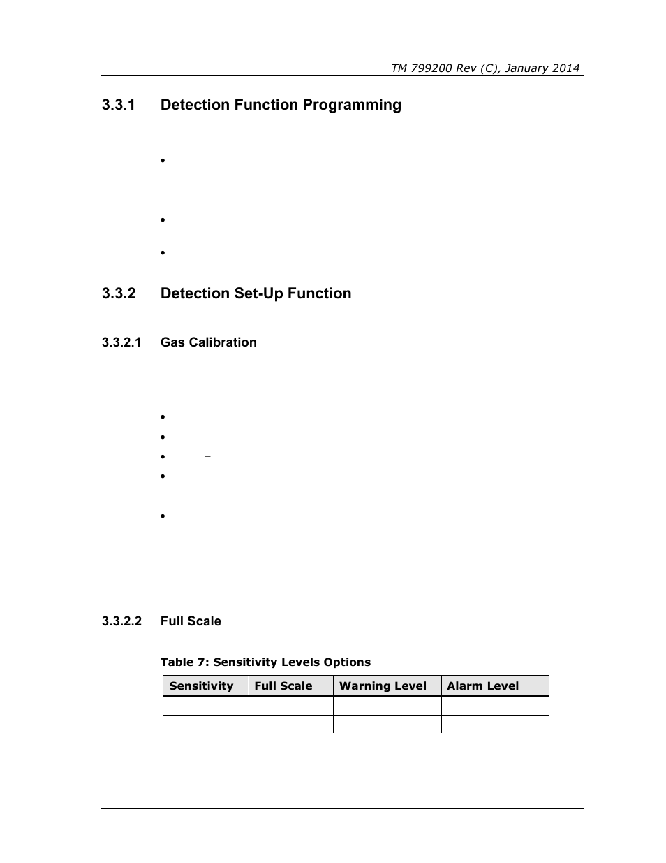 1 detection function programming, 2 detection set-up function, 1 gas calibration | 2 full scale, Detection function programming, Detection set-up function, Table 7: sensitivity levels options | Spectrex Xenon 700 SIL Open-Path Gas Detection System User Manual | Page 31 / 76