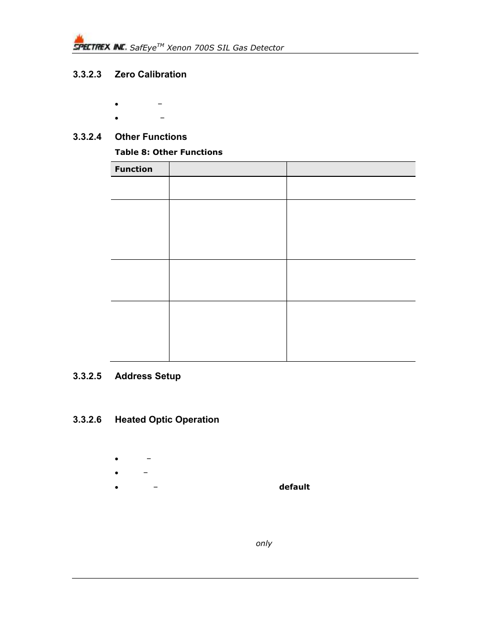 3 zero calibration, 4 other functions, 5 address setup | 6 heated optic operation, Table 8: other functions | Spectrex Xenon 700 SIL Open-Path Gas Detection System User Manual | Page 32 / 76