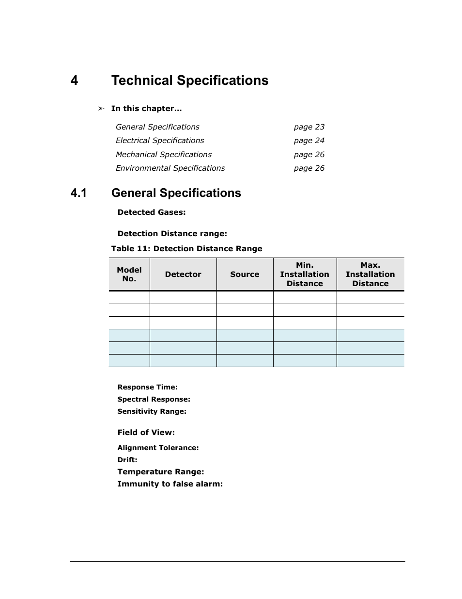 4 technical specifications, 1 general specifications, Technical specifications | General specifications, Table 11: detection distance range, 4technical specifications | Spectrex Xenon 700 SIL Open-Path Gas Detection System User Manual | Page 35 / 76