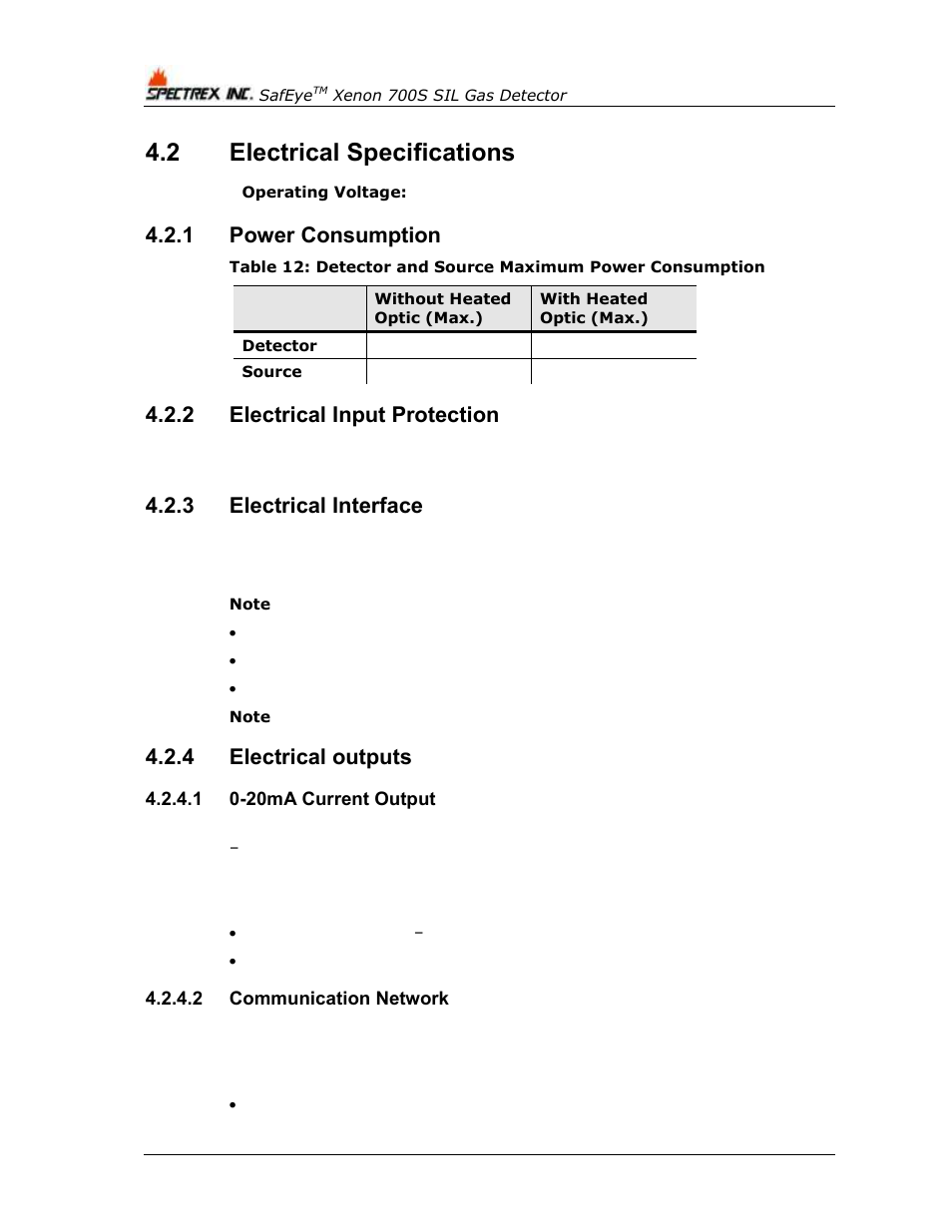 2 electrical specifications, 1 power consumption, 2 electrical input protection | 3 electrical interface, 4 electrical outputs, 1 0-20ma current output, 2 communication network, Electrical specifications, Power consumption, Electrical input protection | Spectrex Xenon 700 SIL Open-Path Gas Detection System User Manual | Page 36 / 76