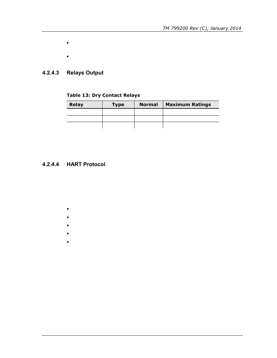 3 relays output, 4 hart protocol, Table 13: dry contact relays | Spectrex Xenon 700 SIL Open-Path Gas Detection System User Manual | Page 37 / 76