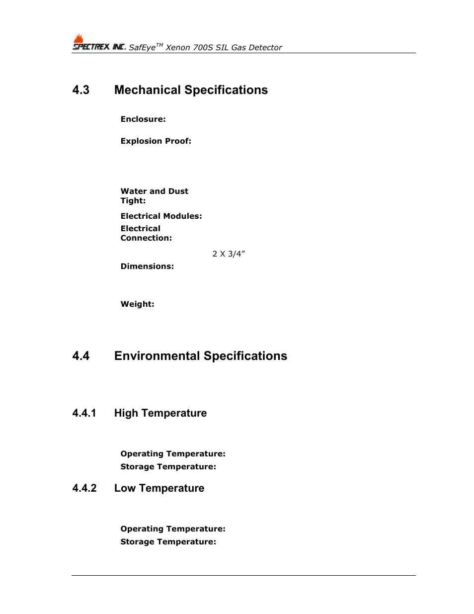 3 mechanical specifications, 4 environmental specifications, 1 high temperature | 2 low temperature, Mechanical specifications, Environmental specifications, High temperature, Low temperature | Spectrex Xenon 700 SIL Open-Path Gas Detection System User Manual | Page 38 / 76