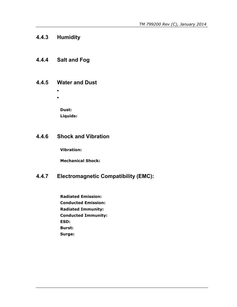 3 humidity, 4 salt and fog, 5 water and dust | 6 shock and vibration, 7 electromagnetic compatibility (emc), Humidity, Salt and fog, Water and dust, Shock and vibration, Electromagnetic compatibility (emc) | Spectrex Xenon 700 SIL Open-Path Gas Detection System User Manual | Page 39 / 76