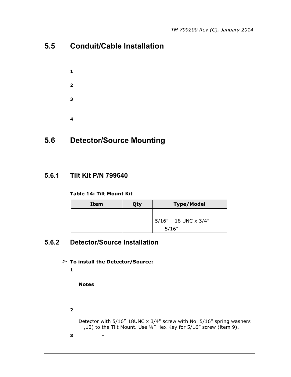 5 conduit/cable installation, 6 detector/source mounting, 1 tilt kit p/n 799640 | 2 detector/source installation, Conduit/cable installation, Detector/source mounting, Tilt kit p/n 799640, Detector/source installation, Table 14: tilt mount kit | Spectrex Xenon 700 SIL Open-Path Gas Detection System User Manual | Page 45 / 76