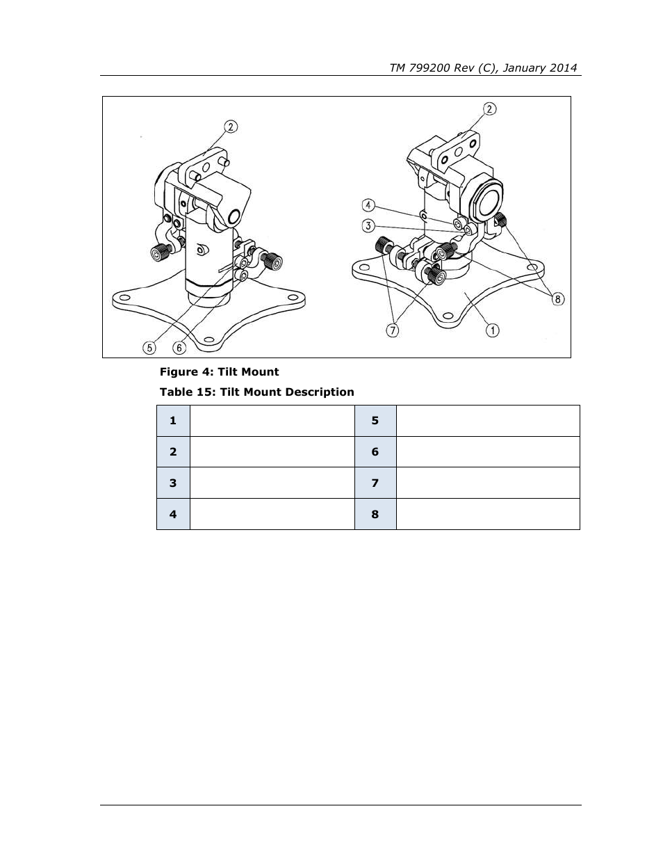 Figure 4: tilt mount, Table 15: tilt mount description | Spectrex Xenon 700 SIL Open-Path Gas Detection System User Manual | Page 47 / 76