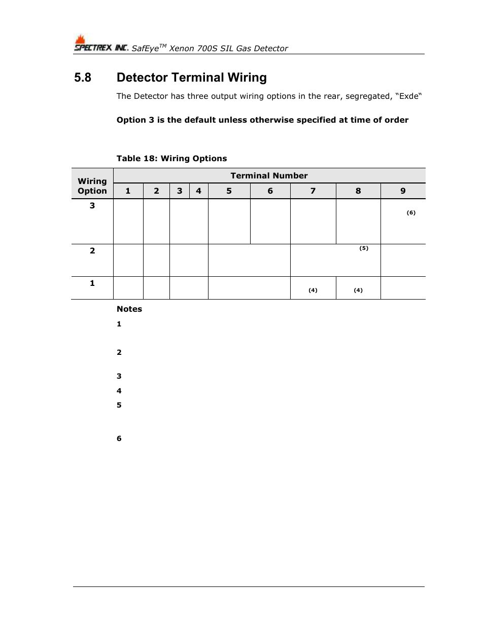 8 detector terminal wiring, Detector terminal wiring, Table 18: wiring options | Spectrex Xenon 700 SIL Open-Path Gas Detection System User Manual | Page 50 / 76