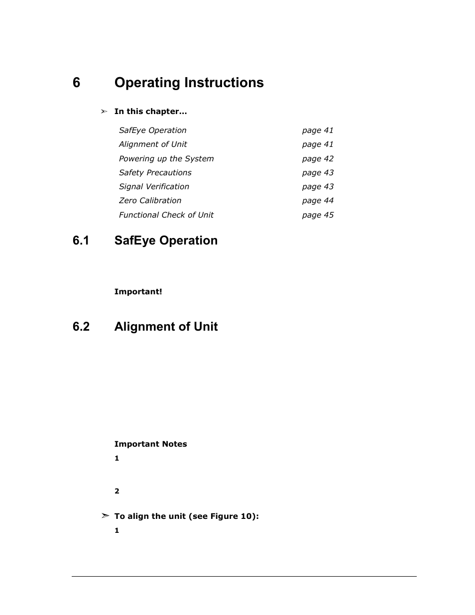 6 operating instructions, 1 safeye operation, 2 alignment of unit | Operating instructions, Safeye operation, Alignment of unit, 6operating instructions | Spectrex Xenon 700 SIL Open-Path Gas Detection System User Manual | Page 53 / 76