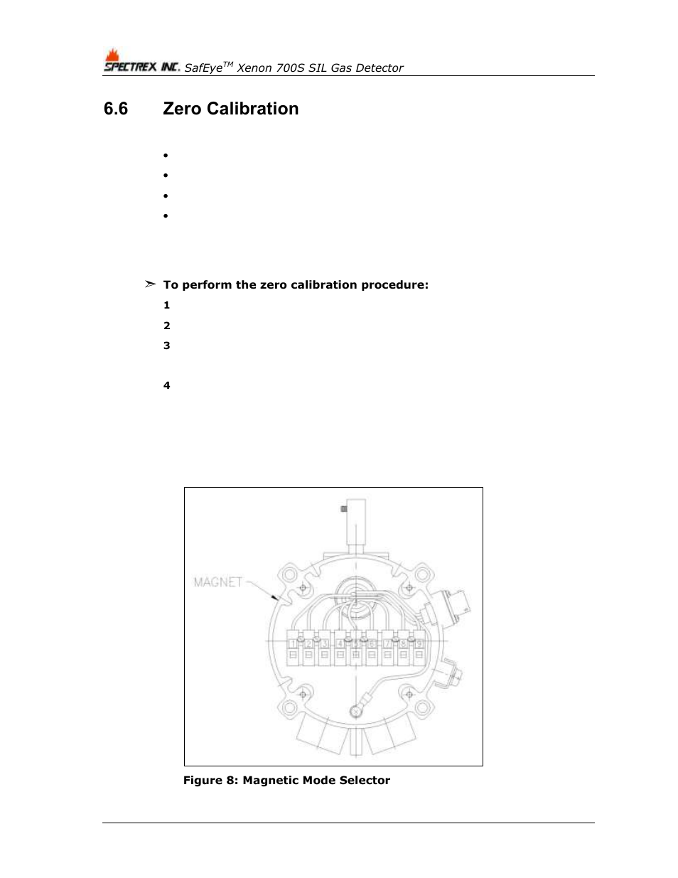 6 zero calibration, Zero calibration, Figure 8: magnetic mode selector | Spectrex Xenon 700 SIL Open-Path Gas Detection System User Manual | Page 56 / 76