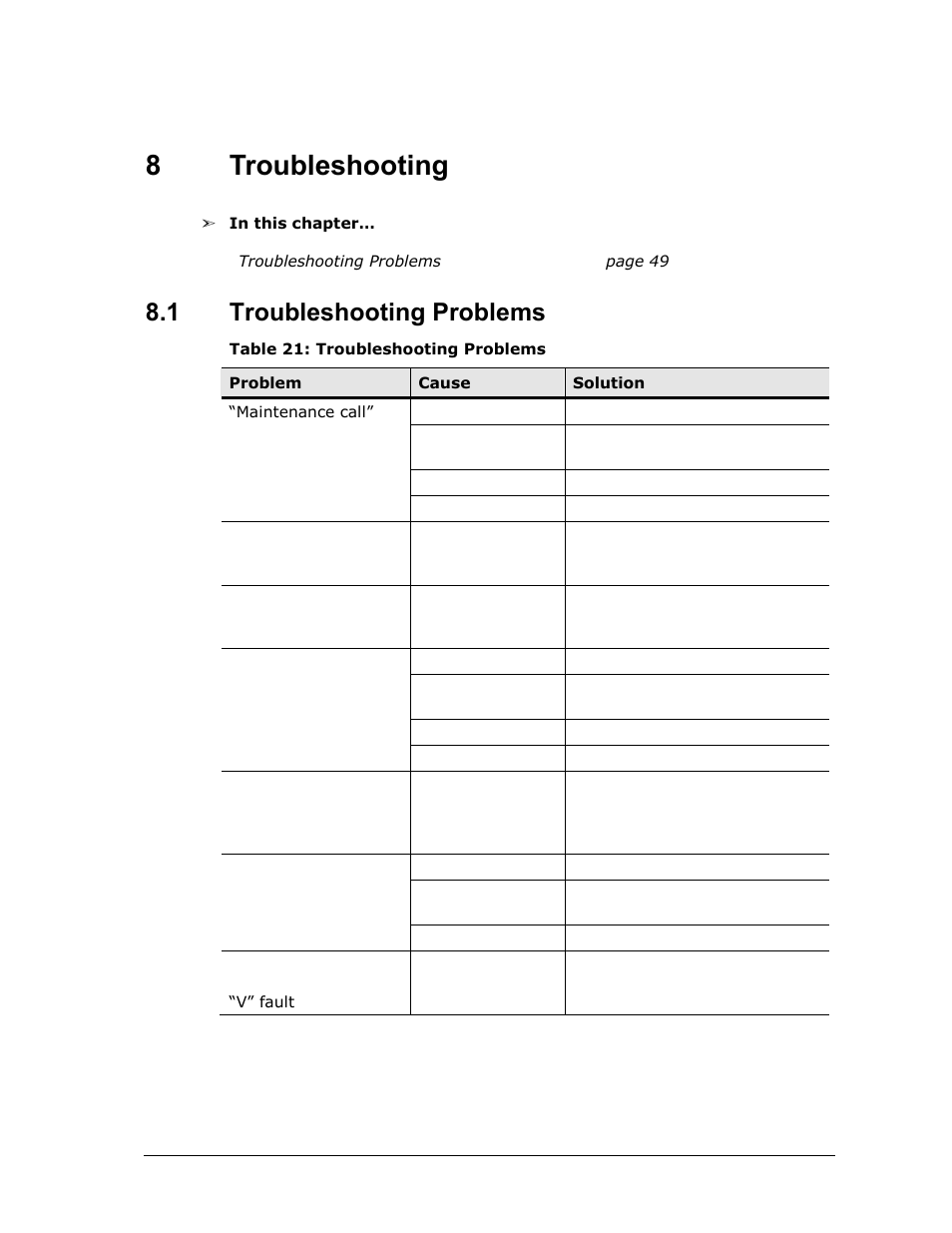 8 troubleshooting, 1 troubleshooting problems, Troubleshooting | Troubleshooting problems, Table 21: troubleshooting problems, 8troubleshooting | Spectrex Xenon 700 SIL Open-Path Gas Detection System User Manual | Page 61 / 76