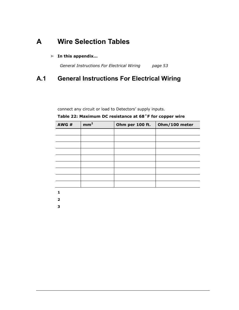 A wire selection tables, Wire selection tables, General instructions for electrical wiring | Awire selection tables, A.1 general instructions for electrical wiring | Spectrex Xenon 700 SIL Open-Path Gas Detection System User Manual | Page 65 / 76