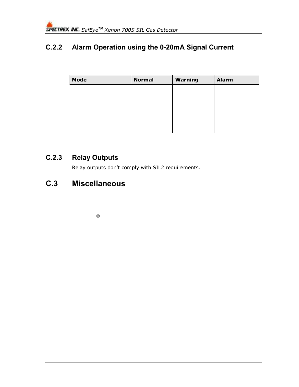 C.2.2, Alarm operation using the 0-20ma signal current, C.2.3 | Relay outputs, Miscellaneous, C.3 miscellaneous, C.2.3 relay outputs | Spectrex Xenon 700 SIL Open-Path Gas Detection System User Manual | Page 74 / 76