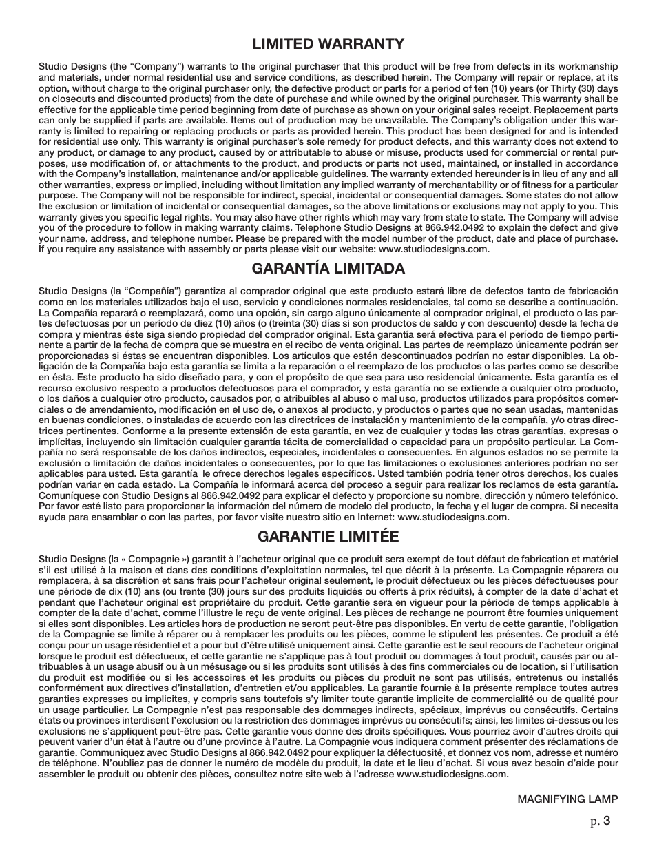 Limited warranty, Garantía limitada, Garantie limitée | P. 3 | Studio Designs Magnifying Lamp w/ Bulb User Manual | Page 3 / 3