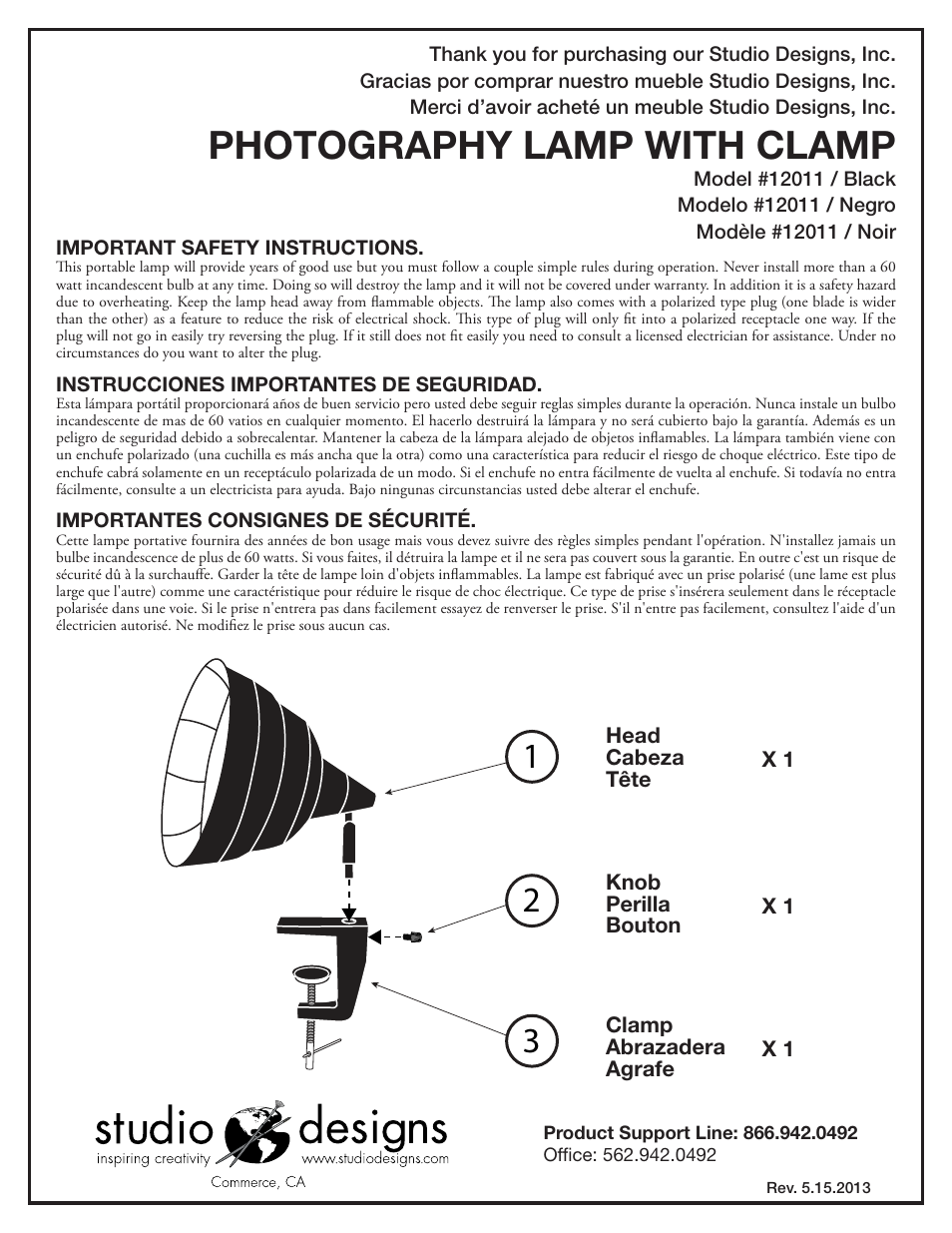 Studio Designs Photography Lamp with Clamp User Manual | 2 pages