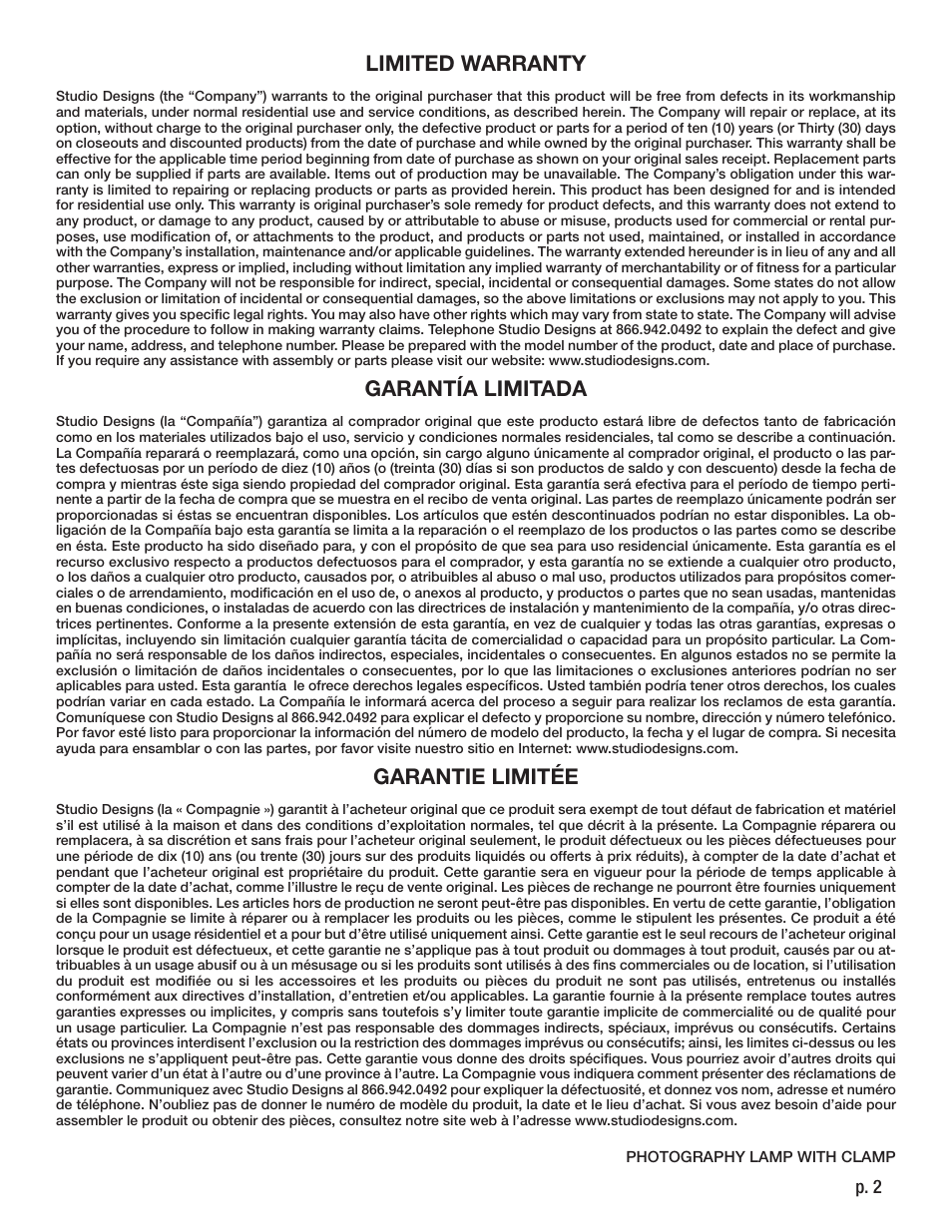 Limited warranty, Garantía limitada, Garantie limitée | P. 2 | Studio Designs Photography Lamp with Clamp User Manual | Page 2 / 2
