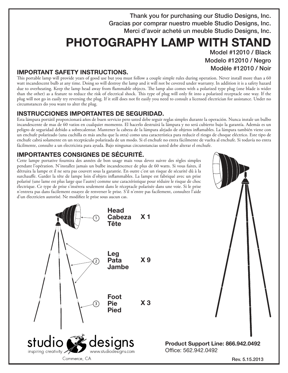 Studio Designs Photography Lamp with Stand User Manual | 2 pages