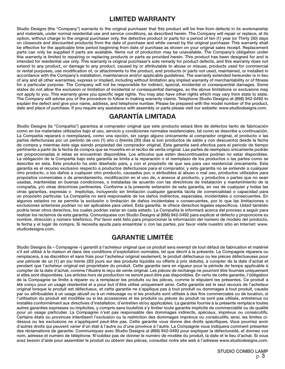 Limited warranty, Garantía limitada, Garantie limitée | P. 3 | Studio Designs Studio Combo Lamp User Manual | Page 3 / 3