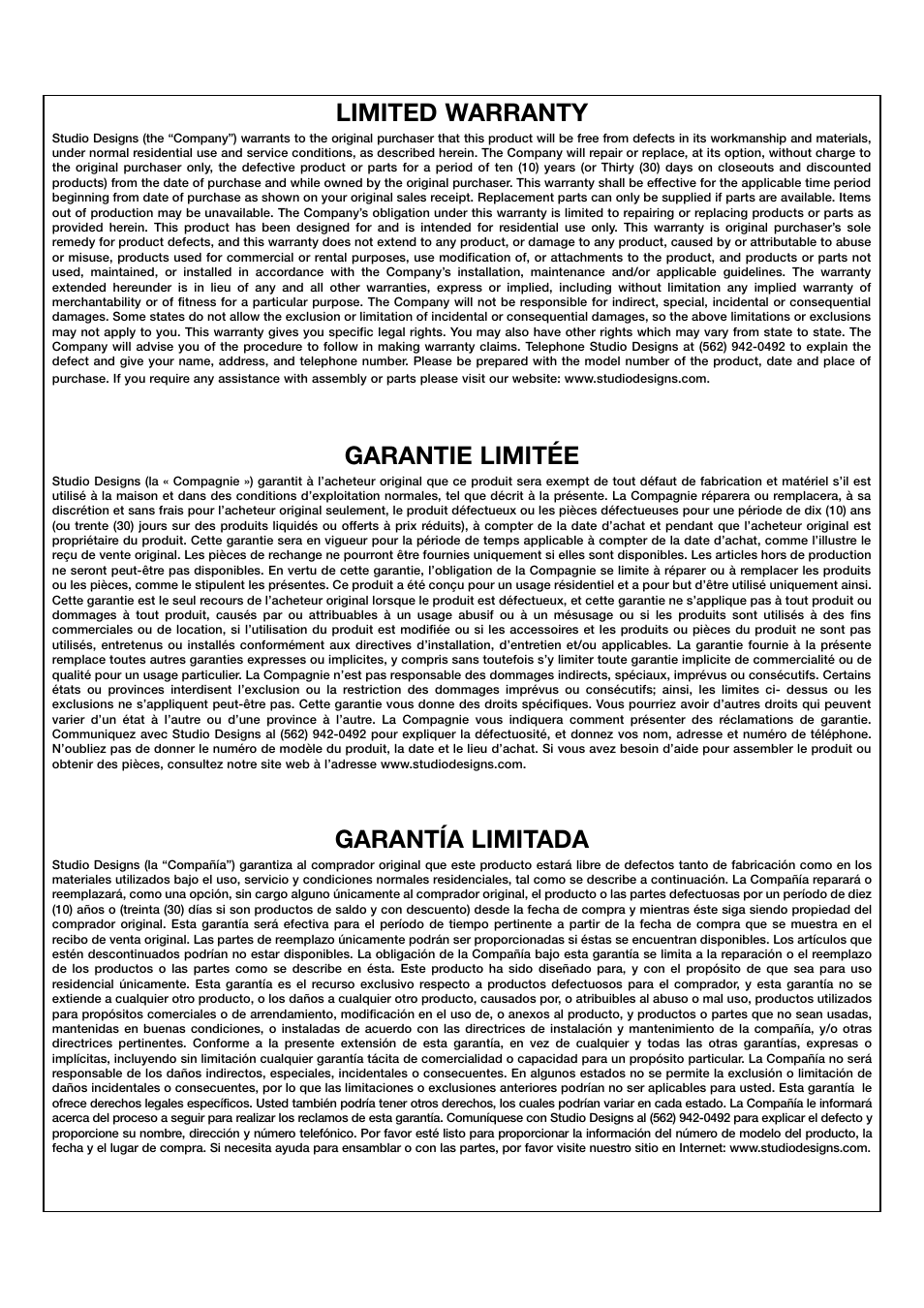 Limited warranty, Garantie limitée, Garantía limitada | Studio Designs 2 Pc Vision Craft Center User Manual | Page 14 / 14