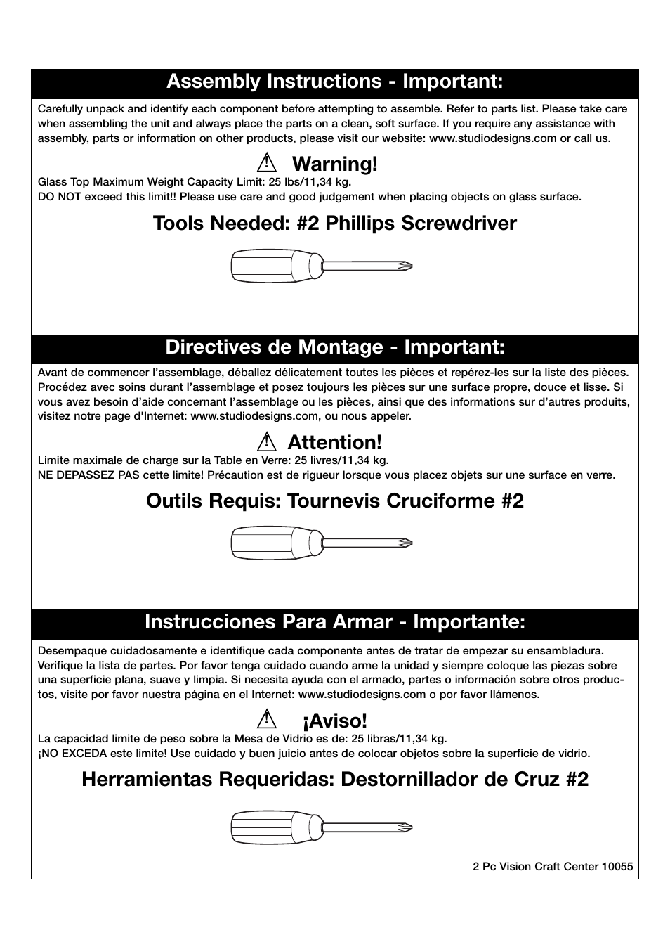 Warning, Tools needed: #2 phillips screwdriver, Attention | Outils requis: tournevis cruciforme #2, Aviso, Directives de montage - important, Instrucciones para armar - importante | Studio Designs 2 Pc Vision Craft Center User Manual | Page 2 / 14