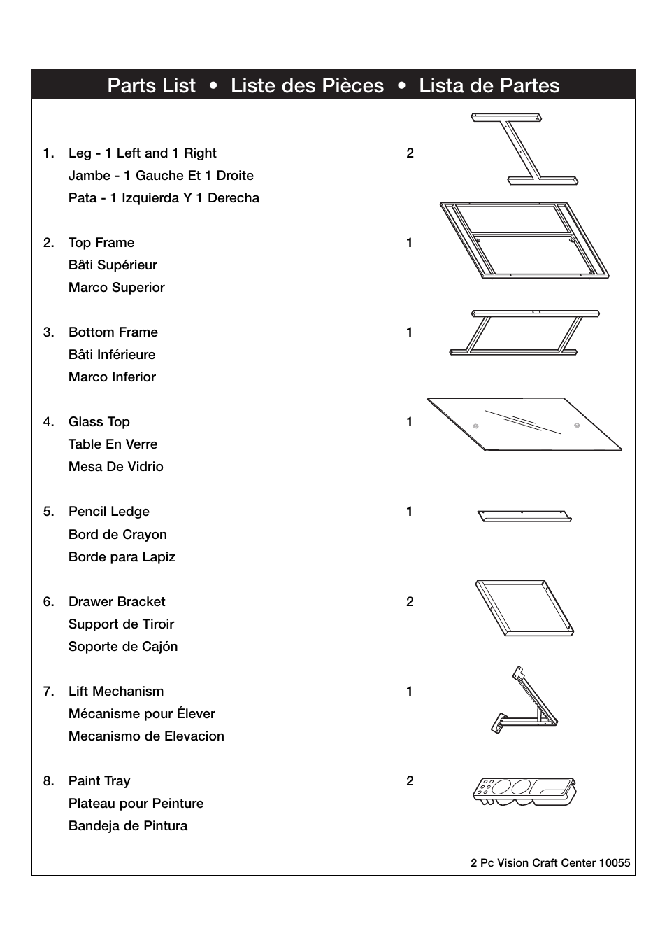 Parts list • liste des pièces • lista de partes | Studio Designs 2 Pc Vision Craft Center User Manual | Page 3 / 14