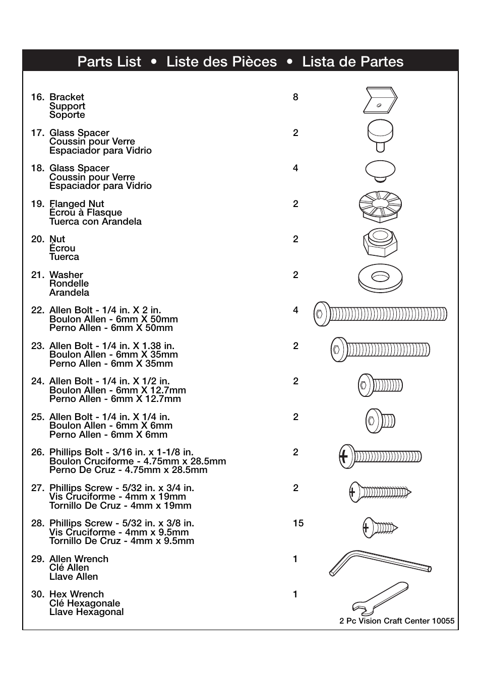 Parts list • liste des pièces • lista de partes | Studio Designs 2 Pc Vision Craft Center User Manual | Page 5 / 14