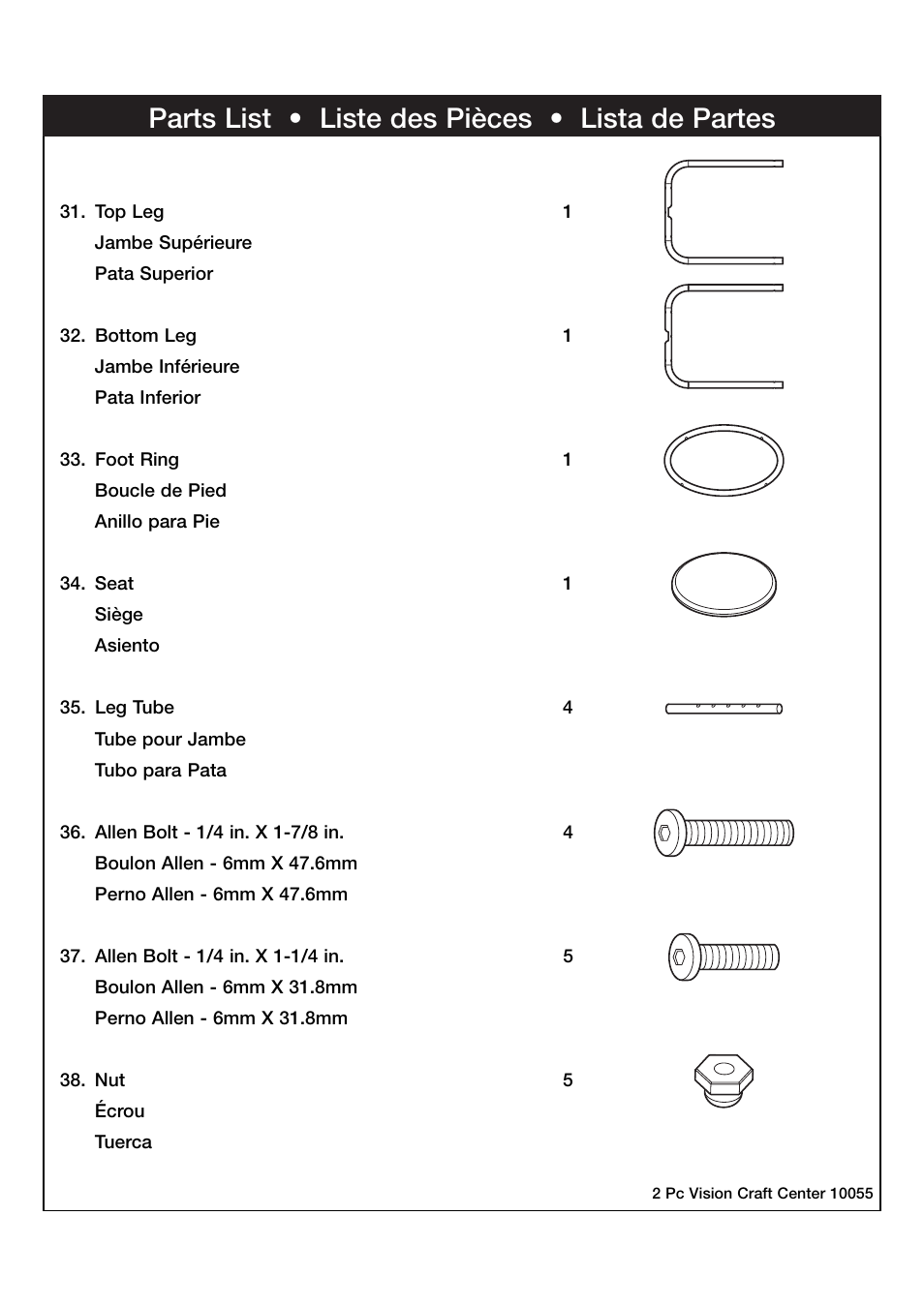 Parts list • liste des pièces • lista de partes | Studio Designs 2 Pc Vision Craft Center User Manual | Page 6 / 14