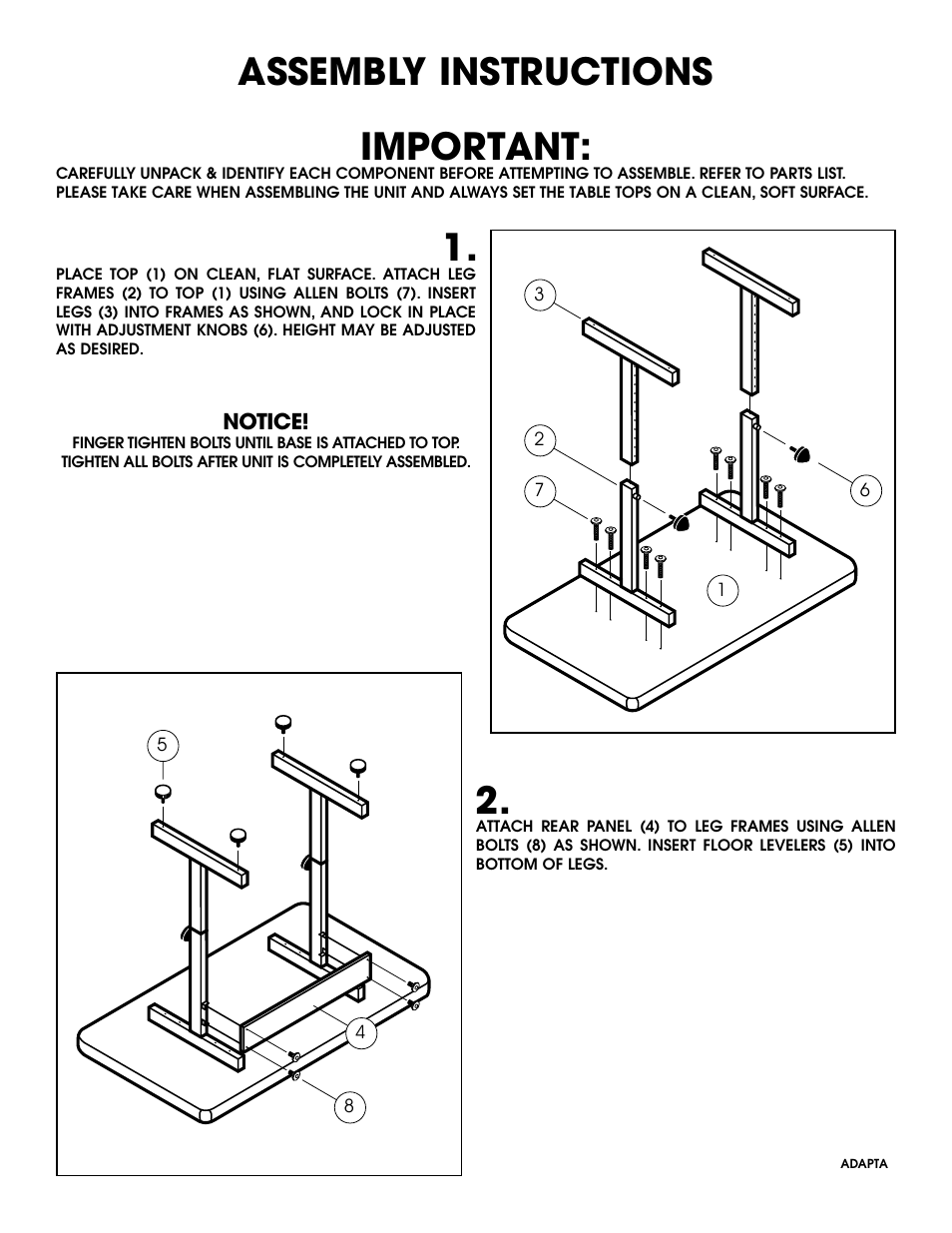 Assembly instructions important | Studio Designs Adapta Desk User Manual | Page 2 / 4