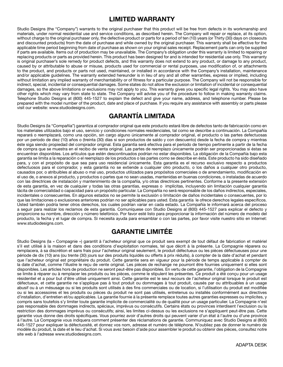 Limited warranty, Garantía limitada, Garantie limitée | Studio Designs Adapta Desk User Manual | Page 4 / 4